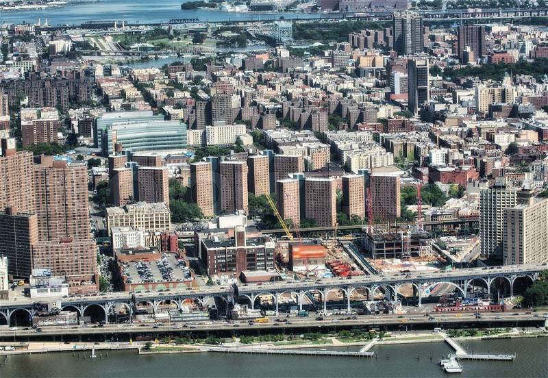 New York skyline - Aerial view of small buildings and rivers, stock photo