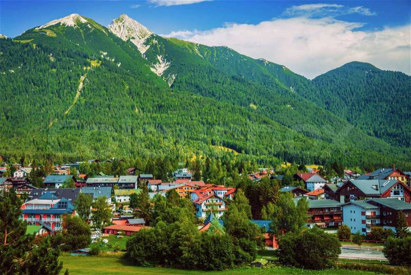 Little beautiful city in the mountains, Europe, Austria,Seefeld, Alps, famous ski resort, luxury cottages, touristic place, scene destination, stock photo