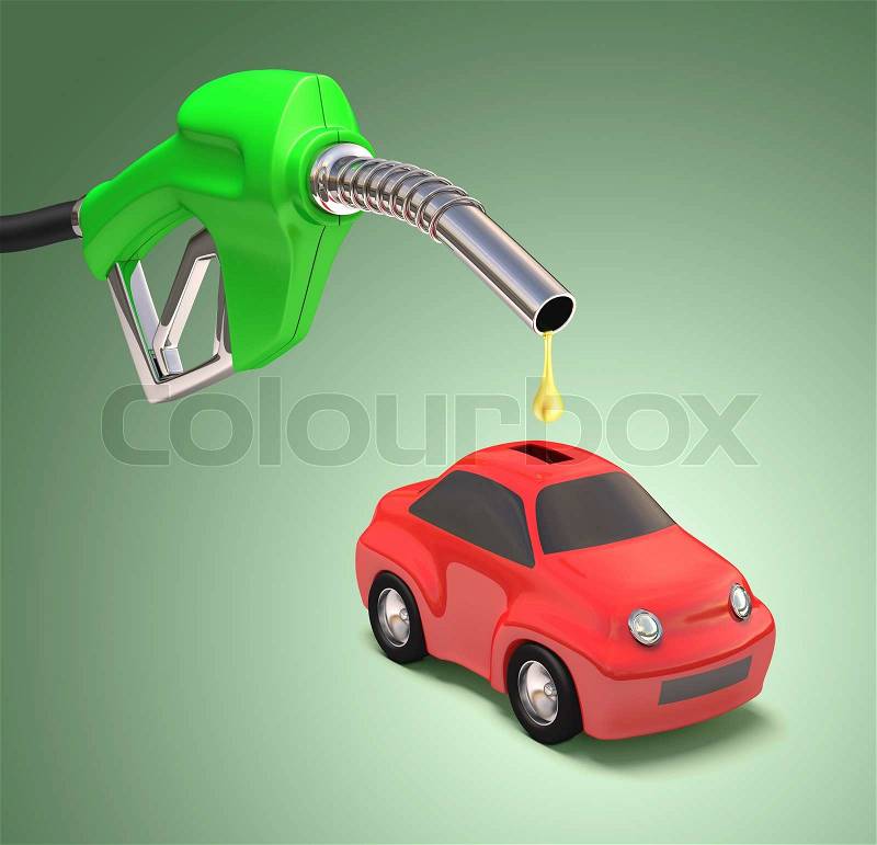 Concept of saving gasoline with a drop falling into the car bank, stock photo
