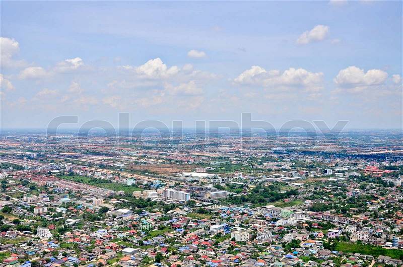 Bird eye view from aircraft, view of Bangkok crowded city, stock photo