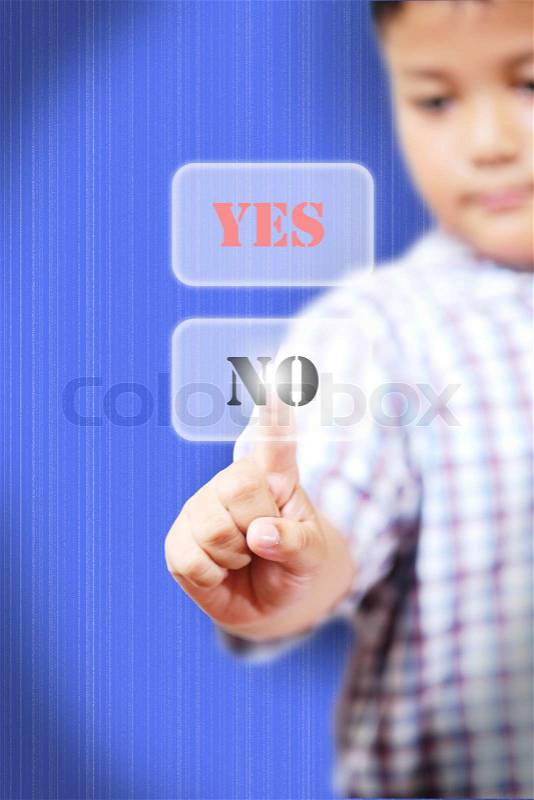 Hand of little Boys pushing NO on touch screen interface, stock photo