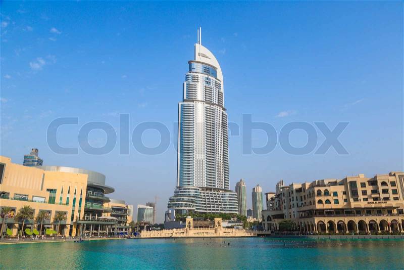 DUBAI, UAE - NOVEMBER 13: Address Hotel and Lake Burj Dubai in Dubai. The hotel is 63 stories high and feature 196 lavish rooms and 626 serviced residences, taken on 13 November 2012 in Dubai, stock photo