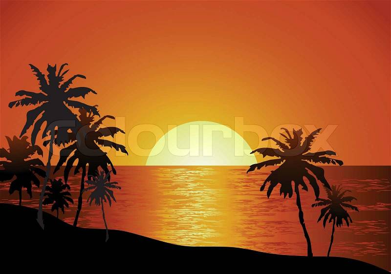 Vector illustration of Sunset view with beach landscape background, vector