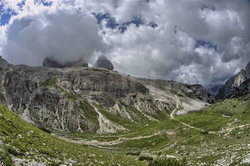 The Three Peaks of Lavaredo, Italy. Stunning alps landscape in summer season, stock photo