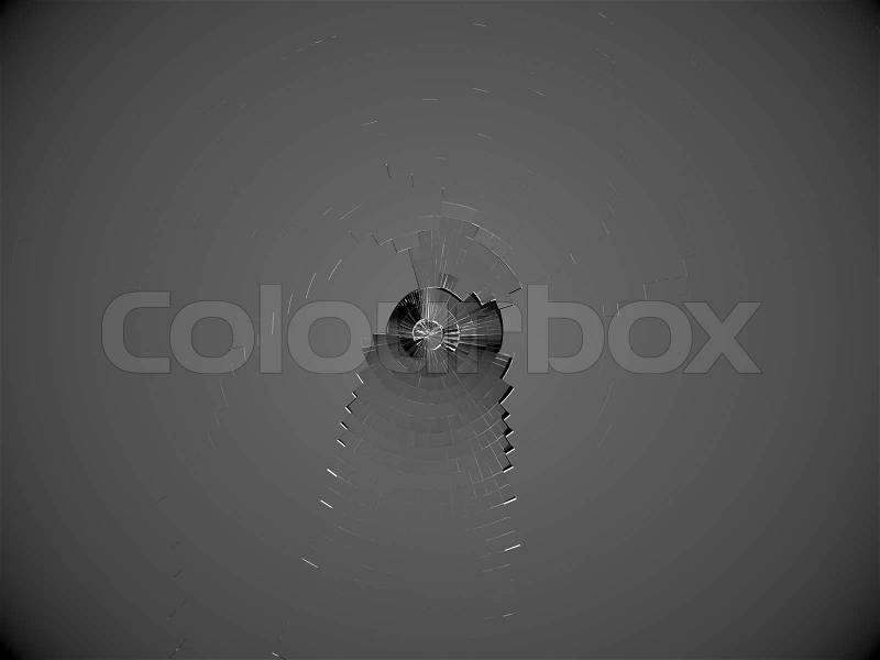 Glass with shattered part in the center: bullet hole. Large resolution, stock photo