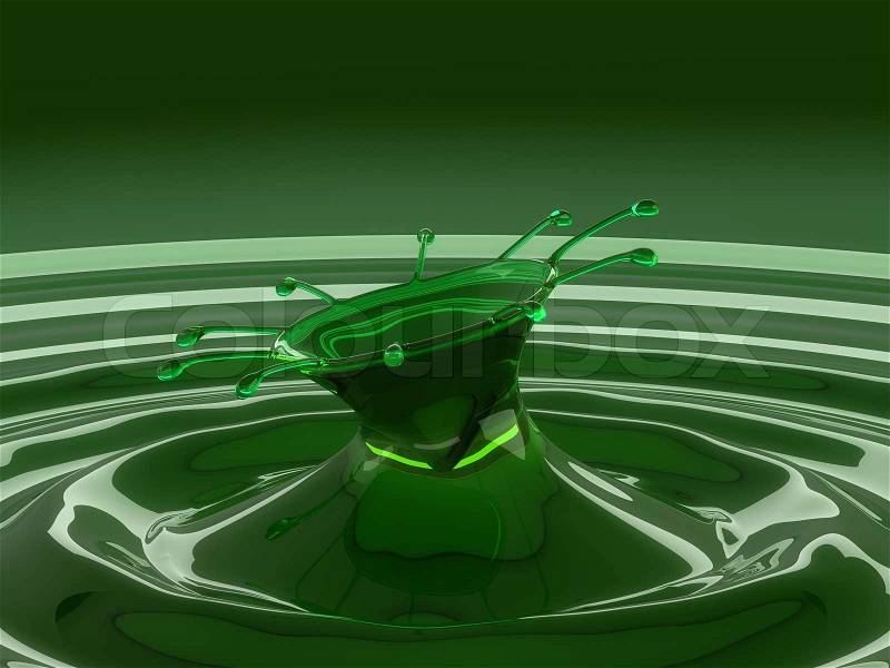 Splash of colorful green fluid with droplets and waves. Large resolution, stock photo