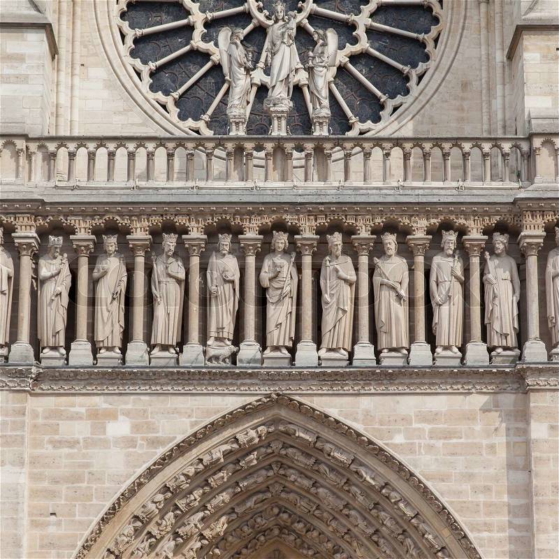 PARIS - JULY 27: Architectural details of Cathedral Notre Dame de Paris who is the most famous Gothic, Roman Catholic cathedral 1163-1345. Shot in in Paris, July 27, 2013, stock photo
