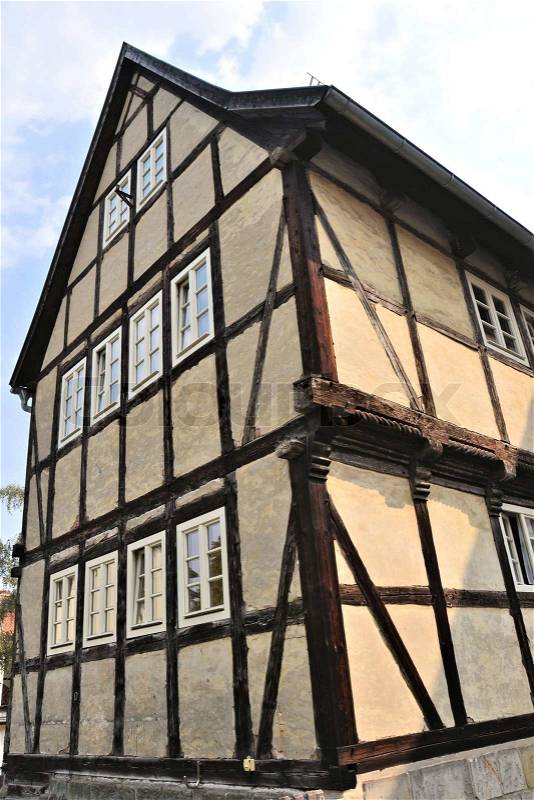 Historic half-timbered houses in the old part of the world heritage town of Quedlinburg, stock photo
