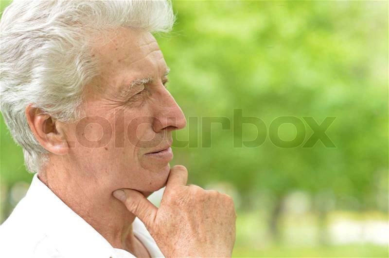Portrait of an elder man on a walk in the park in late spring, stock photo
