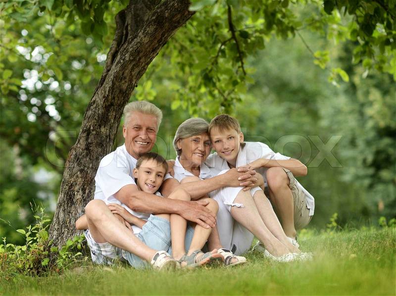 Older man and woman with their grandchildren resting under a tree, stock photo