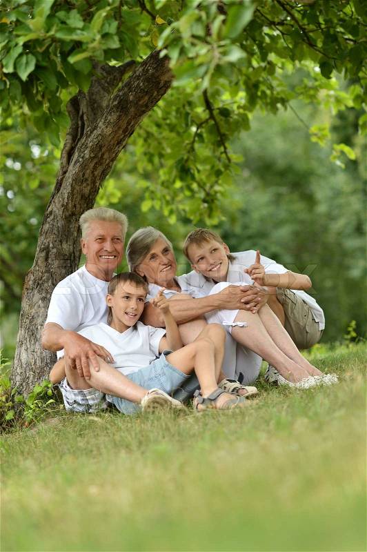 Older man and woman with their grandchildren resting under a tree, stock photo