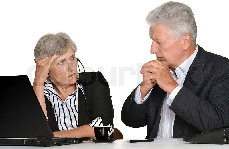 Portrait of elder people working on a white background, stock photo