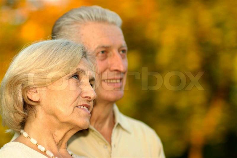 Nice old couple posing at autumn park, stock photo
