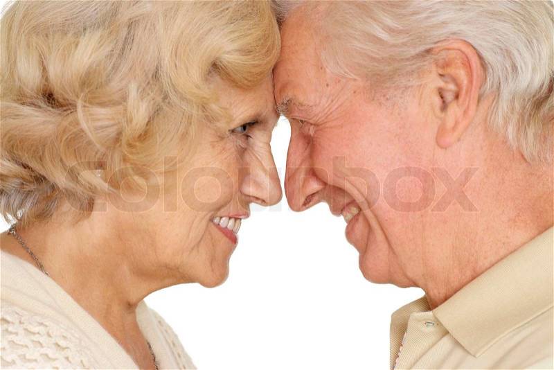 Happy older pair on a white background, stock photo