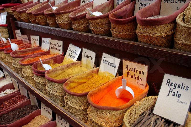Collection of spices at the oriental market in granada, spain, stock photo
