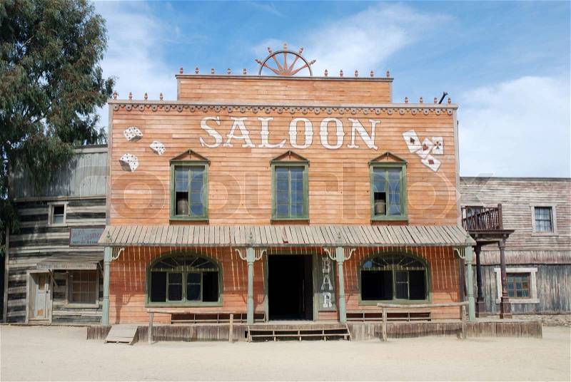 Saloon in an old American western town, stock photo