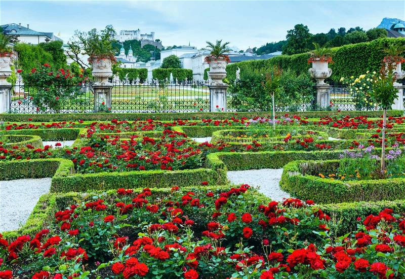 Summer Gardens of Mirabell Palace with red rose flowerbeds and Hohensalzburg Fortress behind Salzburg, Austria, stock photo
