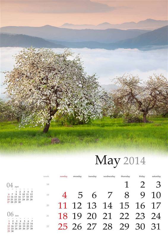 2014 Calendar May Blooming apple trees in the mountains in spring, stock photo
