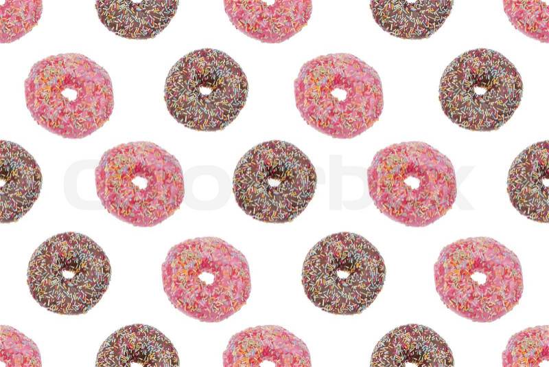 Seamless infinity pattern of Chocolate and Pink Glazed Donuts. This image can be used to create an infinity texture by copying this image sidways and up and downwards, stock photo