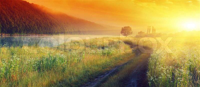Beautiful morning landscape with the river, stock photo