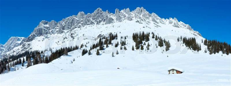 Winter mountain panorama landscape Hochkoenig region, Austria, stock photo
