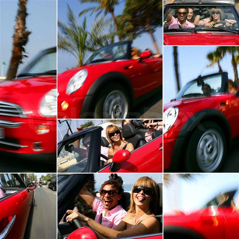 A walk in a red convertible car on the coast, stock photo