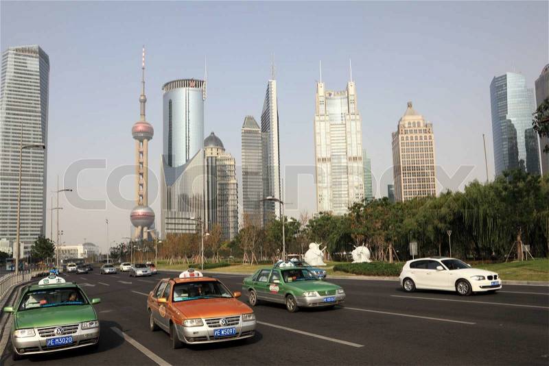 Street downtown in Pudong, Shanghai, China, stock photo