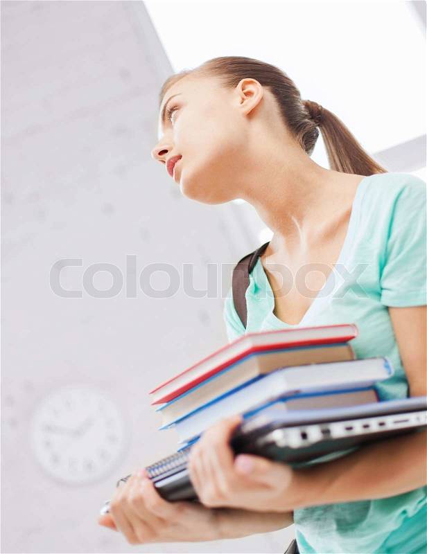 Business, office, school and education concept - student with books, computer and folders, stock photo