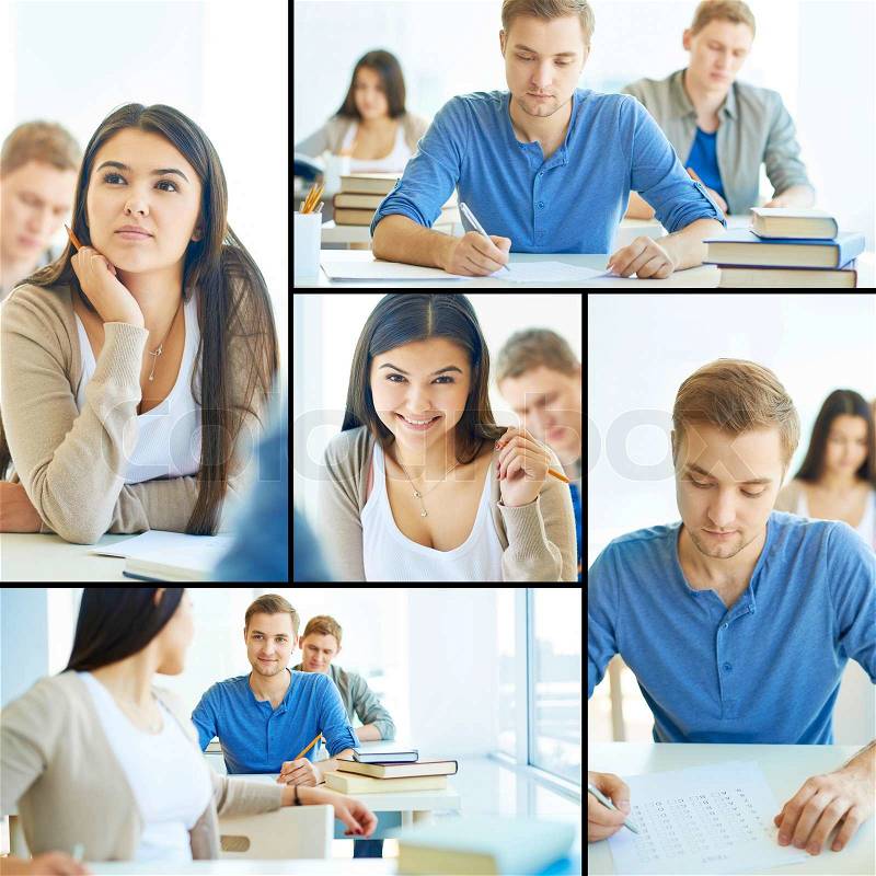 Collage of smart students carrying out test at lesson, stock photo