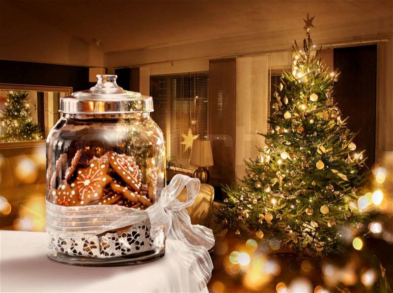 Gingerbread cookies jar Christmas tree room background, stock photo