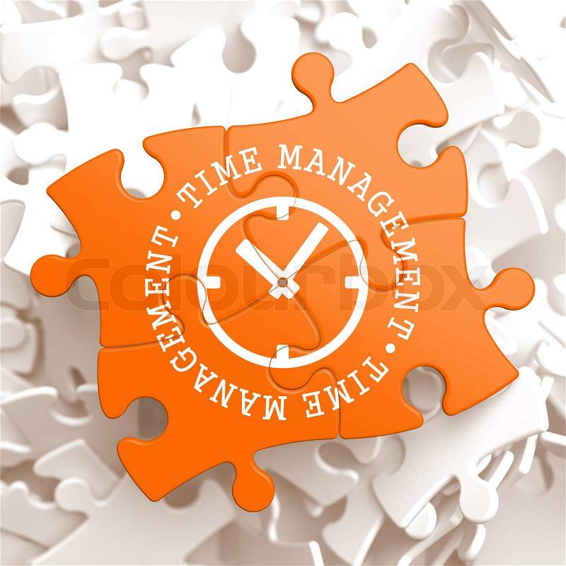 Time Management with Icon of Clock Face Written on Orange Puzzle Pieces. Business Concept, stock photo