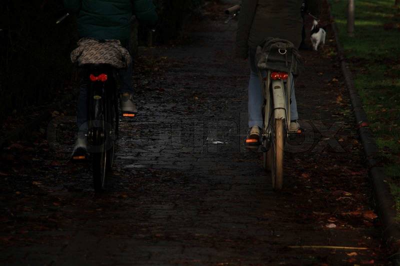 The boy and the girl, bikes on the back, cycling on the bike path, are going to school in the morning in fall, stock photo