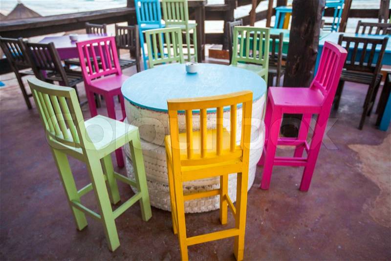 Bright colored bar-restaurant on the white sandy beach in Tulum, stock photo