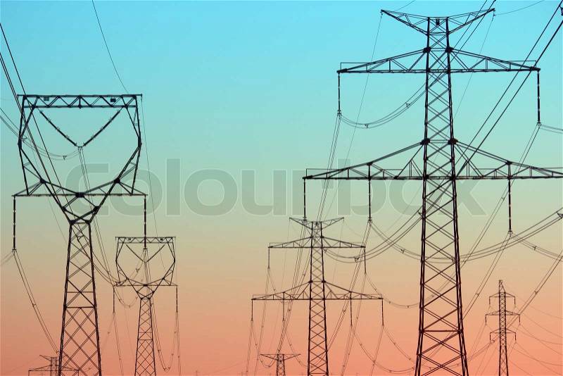 Power lines in the morning light, stock photo
