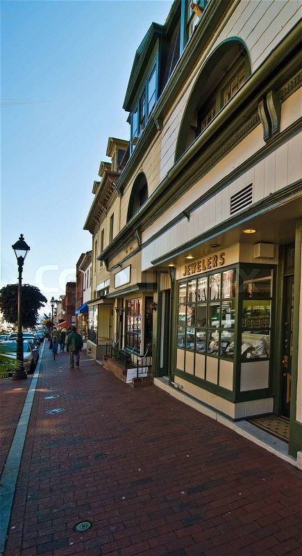 Typical New England or Midwest downtown main street. This could be any small town U.S.A. Old buildings turned into small businesses, retail shops and cafe\'s. , stock photo