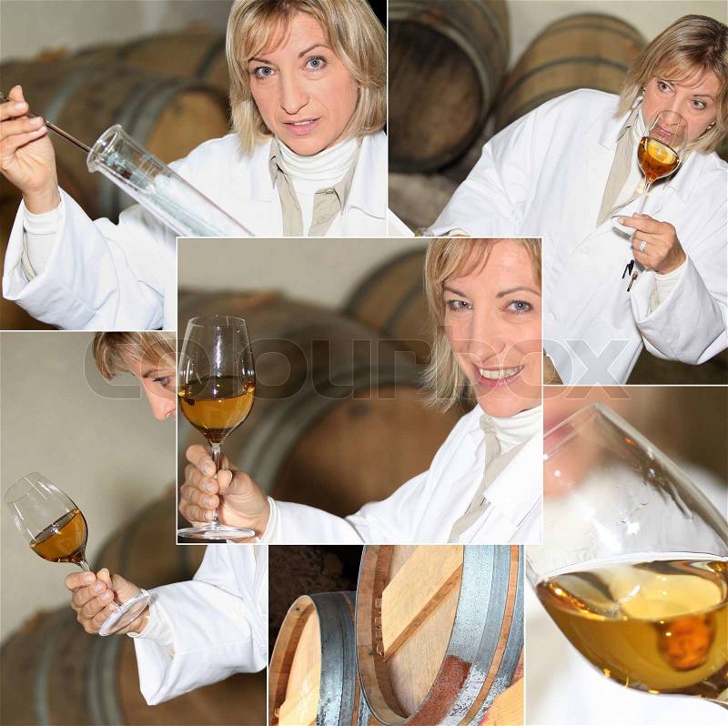Wine producer smelling wine in a cellar, photomontage, stock photo