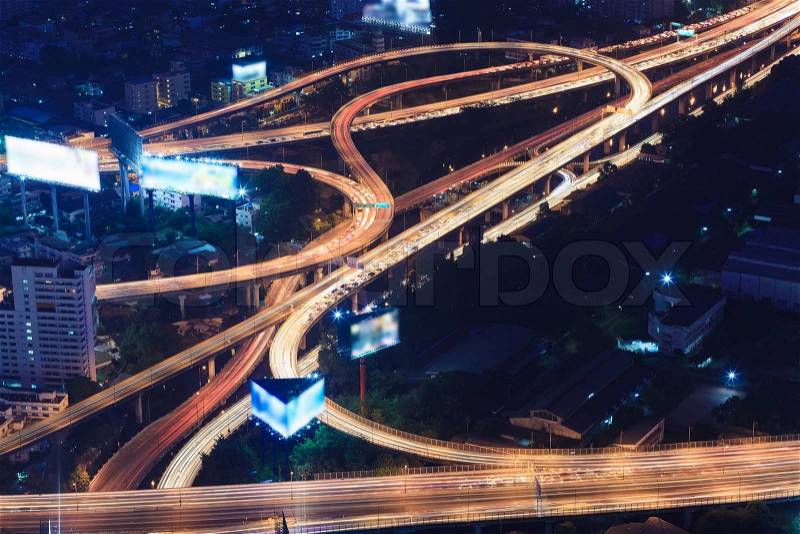 Cityscape night and traffic car lighting, Bangkok bird eye view, stock photo