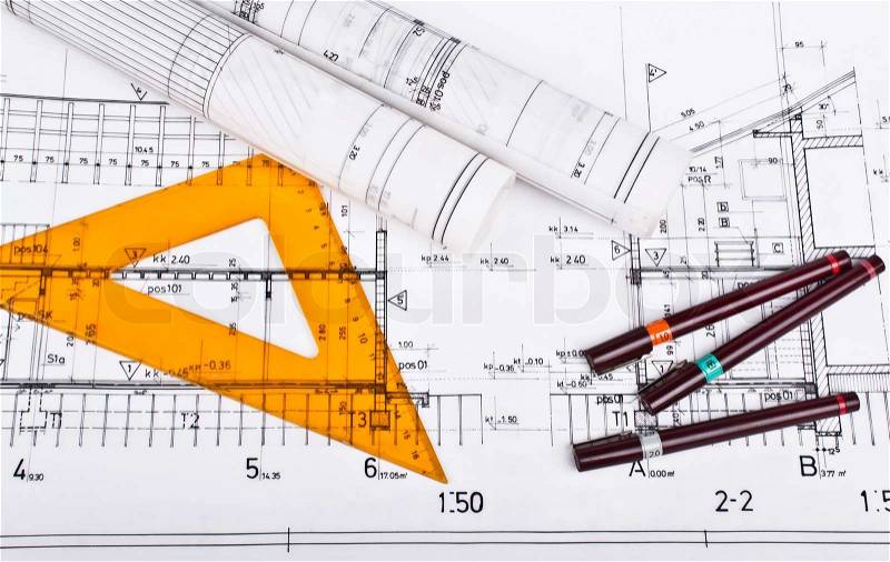 Architectural plan drawing blueprints, stock photo