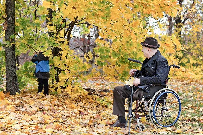 Disabled grandfather using a wheelchair taking care of his playing grandchild outdoors in the forest in the autumn, stock photo