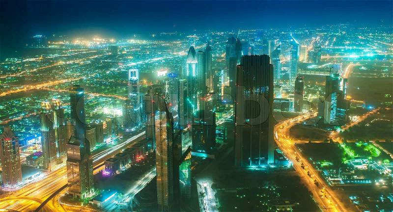 Dubai building at night illumination, stock photo