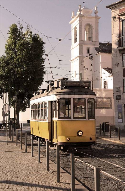 Historical Lisbon yellow tramway, stock photo
