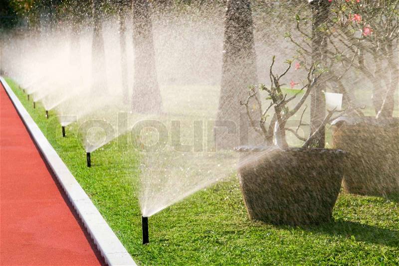 Row of sprinkler heads watering the grass, stock photo