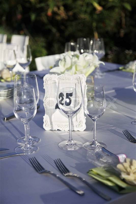 Table decorated for the wedding party, on the table is a frame with roses and a number twenty-five, stock photo