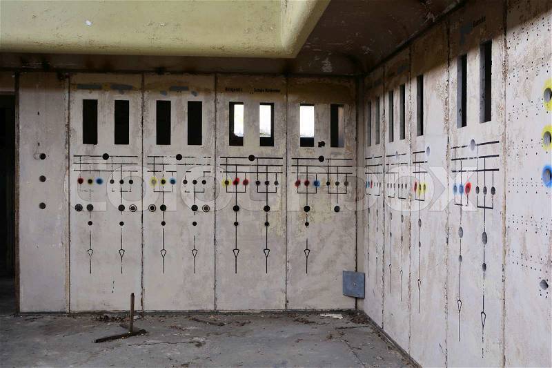 Former control center of a disused electrical utility, stock photo