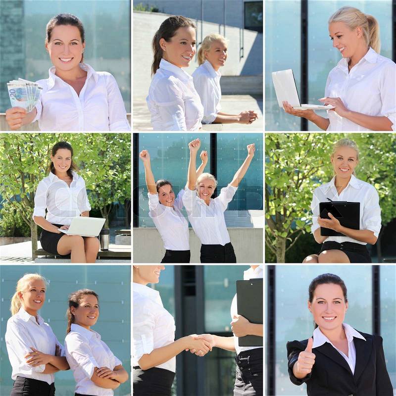 Collage of business women posing - outdoor photos, stock photo