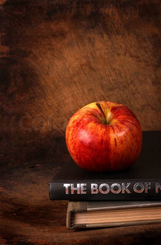 Close up of red apple and Books, stock photo