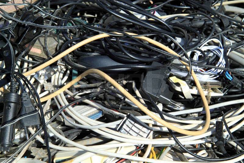 Collect of old cables on the dump, stock photo