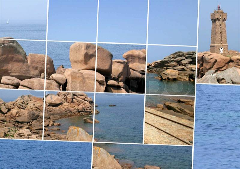 Stone lighthouse, rocks and sea, stock photo
