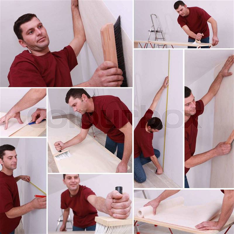 Montage of a man wallpapering, stock photo