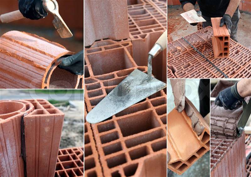 Montage of bricklayer at work, stock photo